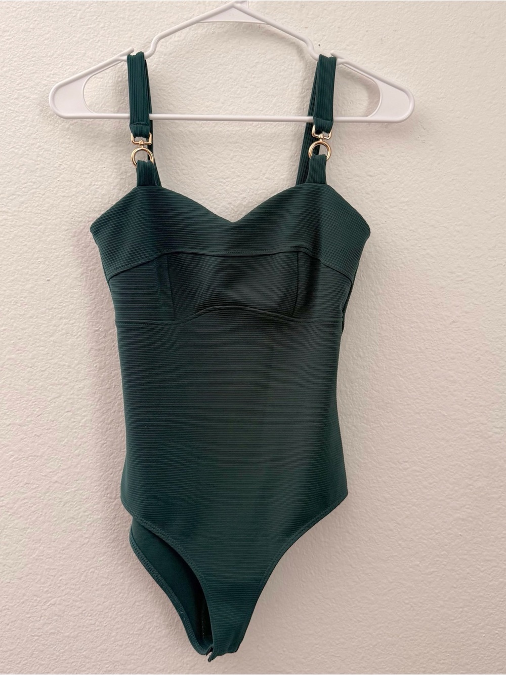 River Island Dark Green Ribbed Bodysuit with Gold Hardware